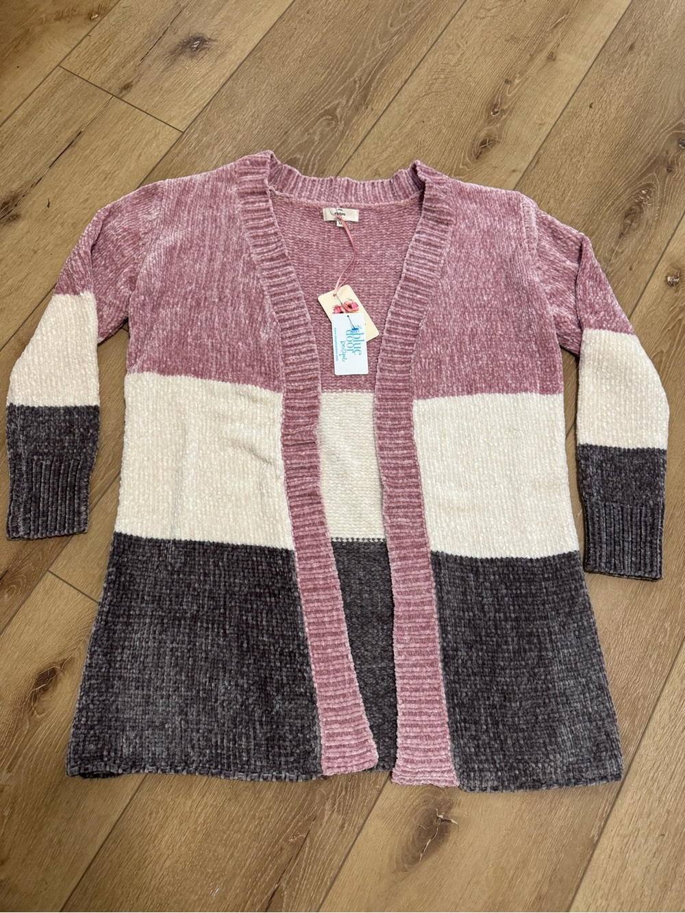 entro Chenille Colorblock Open Cardigan - Pink, Cream & Gray